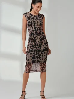 Jolie Moi Occasion Dresses|Sleeveless Dresses-Shoulder Pad Mesh Bodycon Dress, Brown Geo