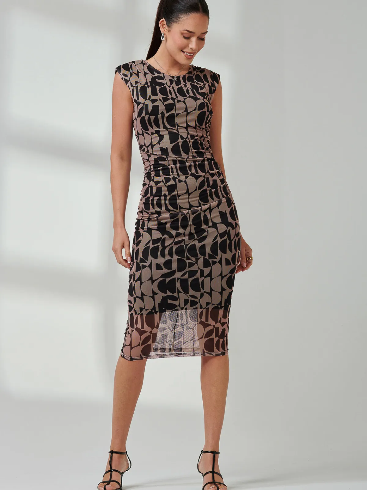 Jolie Moi Occasion Dresses|Sleeveless Dresses-Shoulder Pad Mesh Bodycon Dress, Brown Geo