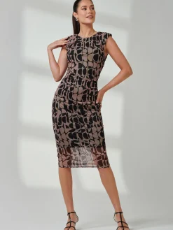 Jolie Moi Occasion Dresses|Sleeveless Dresses-Shoulder Pad Mesh Bodycon Dress, Brown Geo