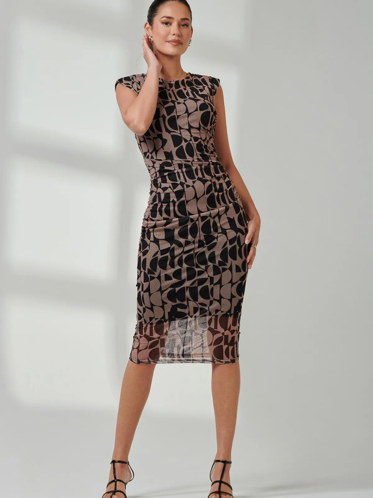 Jolie Moi Occasion Dresses|Sleeveless Dresses-Shoulder Pad Mesh Bodycon Dress, Brown Geo