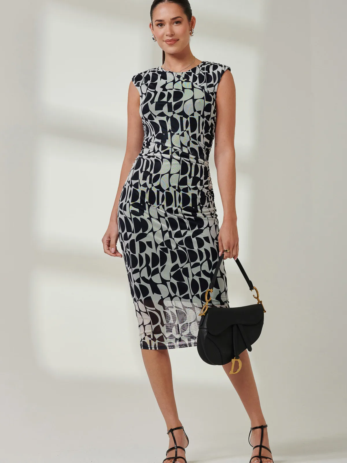 Jolie Moi Occasion Dresses|Sleeveless Dresses-Shoulder Pad Mesh Bodycon Dress, Navy Geo