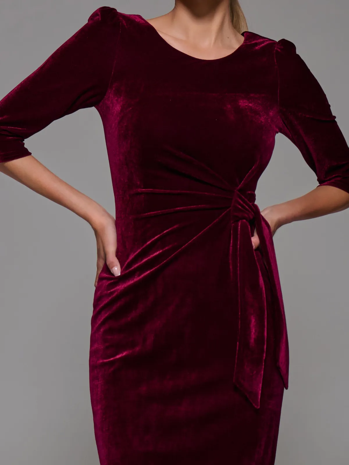 Jolie Moi Occasion Dresses|Velvet Dresses-Side Tie Velvet Bodycon Dress, Burgundy