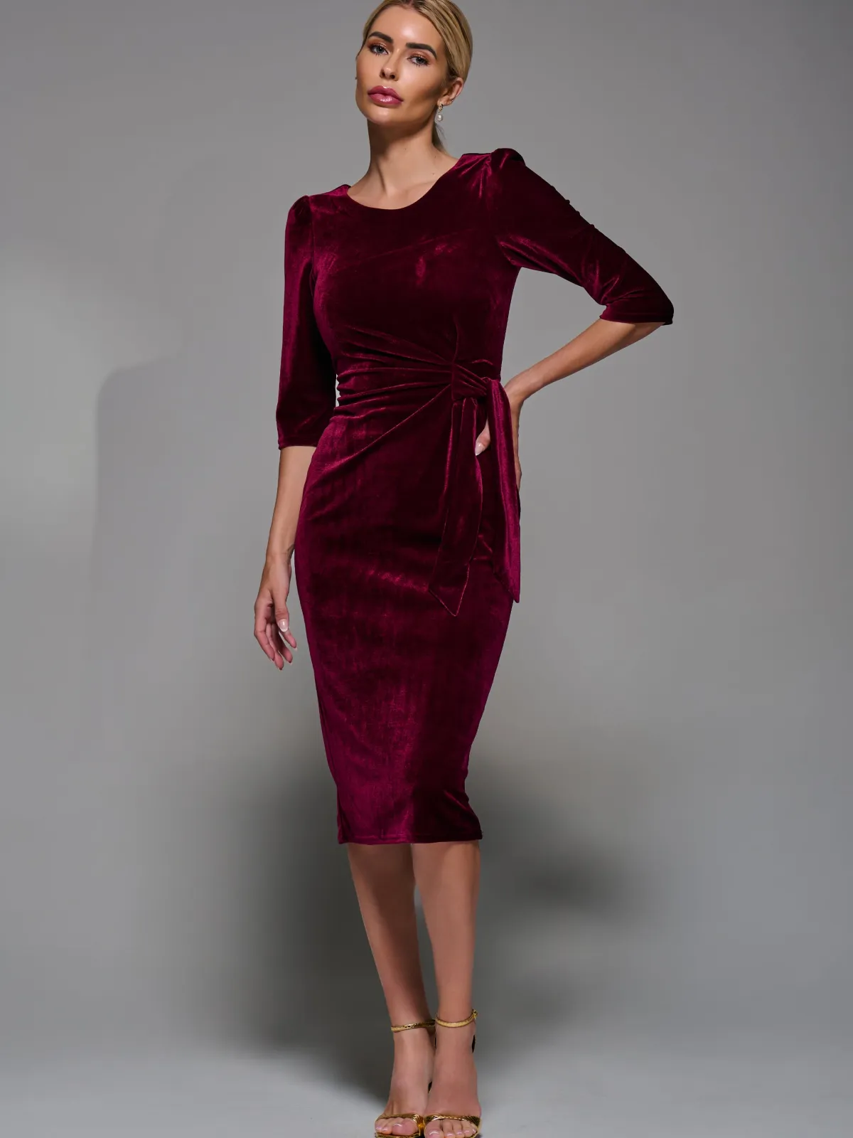 Jolie Moi Occasion Dresses|Velvet Dresses-Side Tie Velvet Bodycon Dress, Burgundy