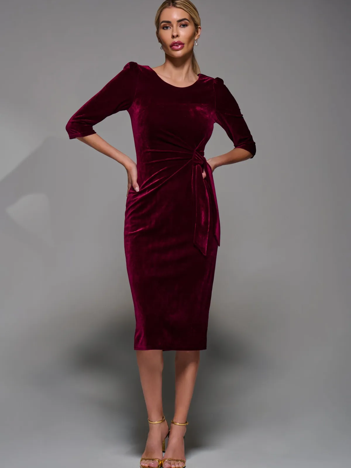 Jolie Moi Occasion Dresses|Velvet Dresses-Side Tie Velvet Bodycon Dress, Burgundy