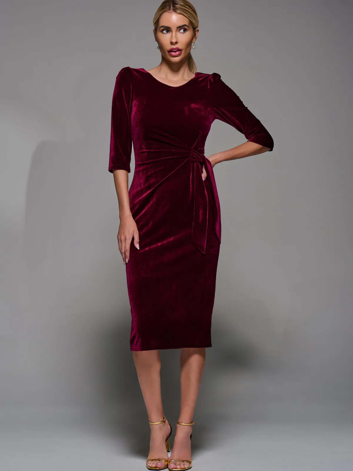 Jolie Moi Occasion Dresses|Velvet Dresses-Side Tie Velvet Bodycon Dress, Burgundy
