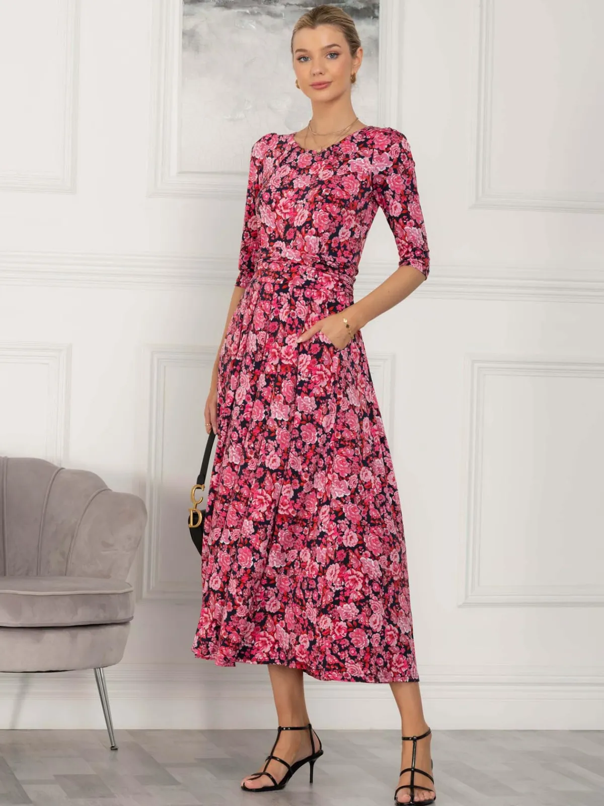 Jolie Moi Occasion Dresses|Floral Dresses-Sienna 3/4 Sleeve Maxi Dress, Floral Multi