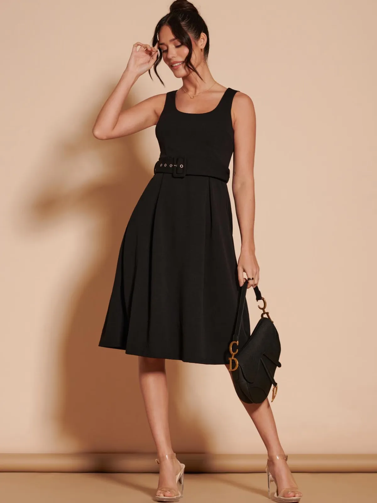 Jolie Moi Occasion Dresses|Sleeveless Dresses-1950's Inspired Belted Swing Dress,