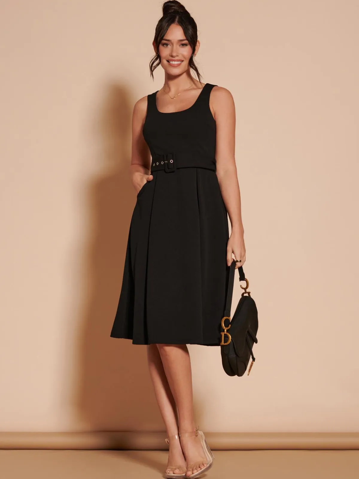 Jolie Moi Occasion Dresses|Sleeveless Dresses-1950's Inspired Belted Swing Dress,