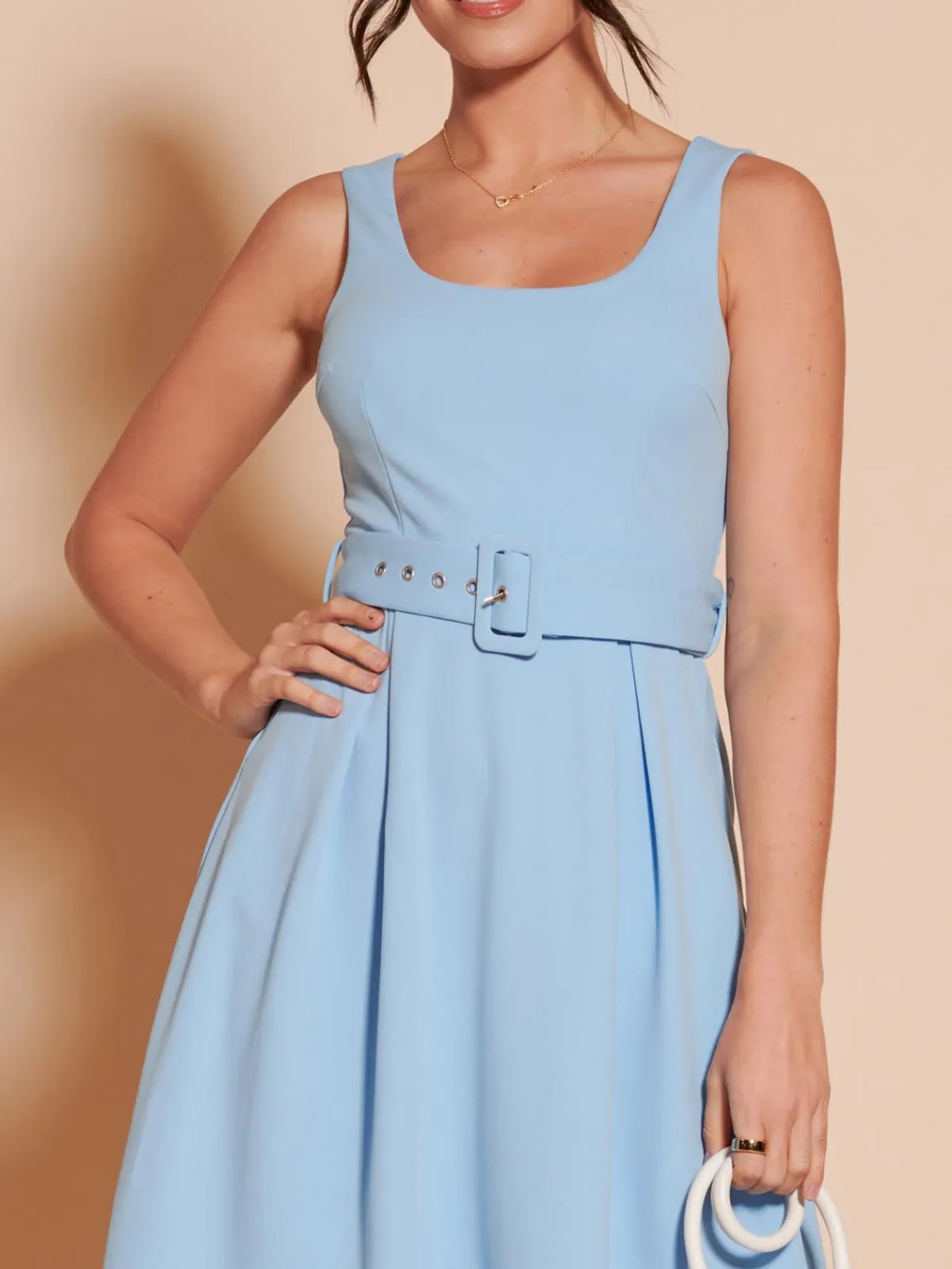 Jolie Moi Occasion Dresses|Sleeveless Dresses-1950's Inspired Belted Swing Dress, Blue