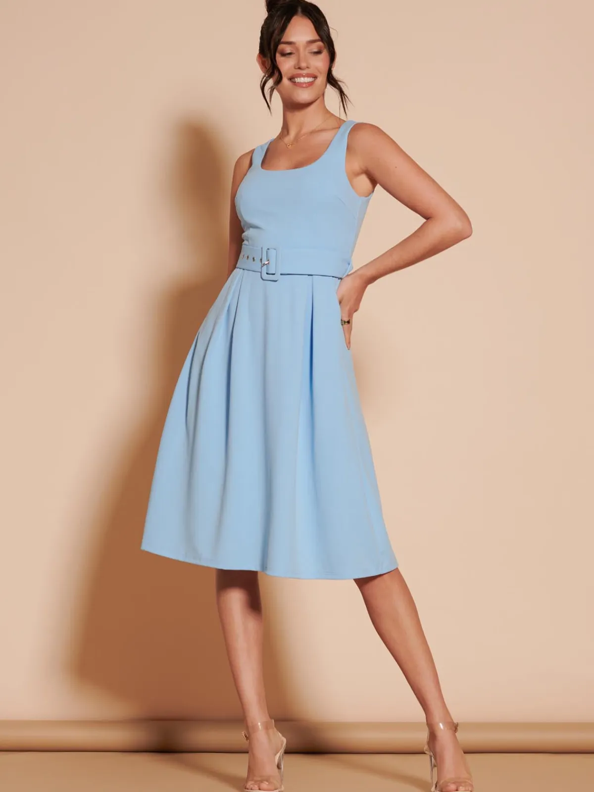 Jolie Moi Occasion Dresses|Sleeveless Dresses-1950's Inspired Belted Swing Dress, Blue