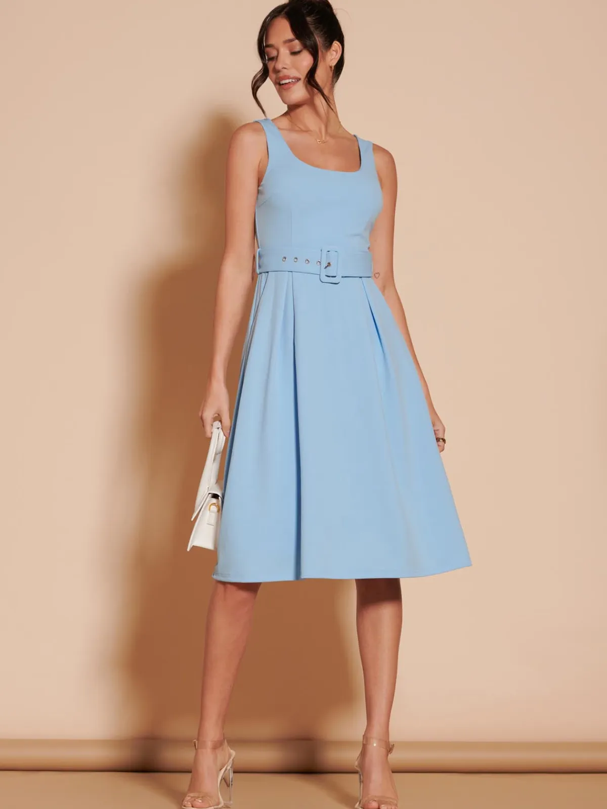 Jolie Moi Occasion Dresses|Sleeveless Dresses-1950's Inspired Belted Swing Dress, Blue