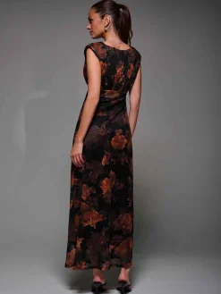 Jolie Moi Occasion Dresses|Sleeveless Dresses-Slash Neck Fit & Flare Mesh Maxi Dress, Amber Abstract