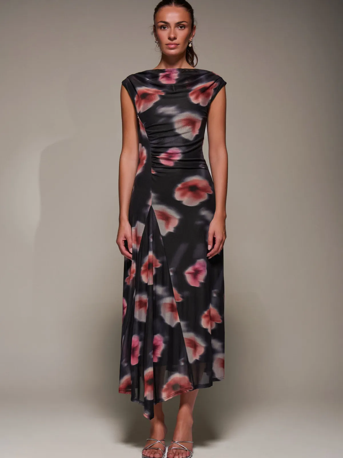 Jolie Moi Occasion Dresses|Floral Dresses-Slash Neck Ruched Mesh Maxi Dress, Black Floral