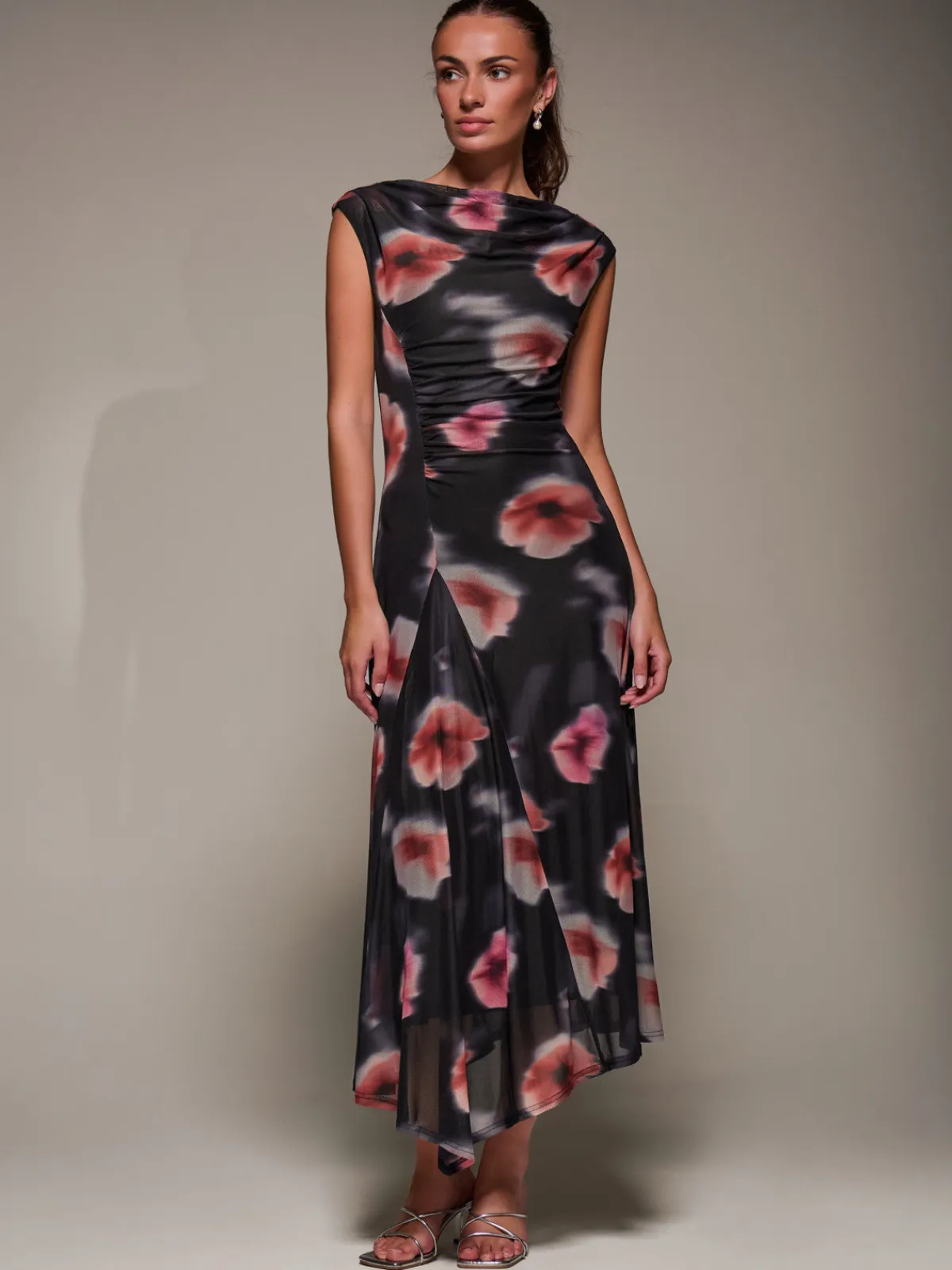 Jolie Moi Occasion Dresses|Floral Dresses-Slash Neck Ruched Mesh Maxi Dress, Black Floral