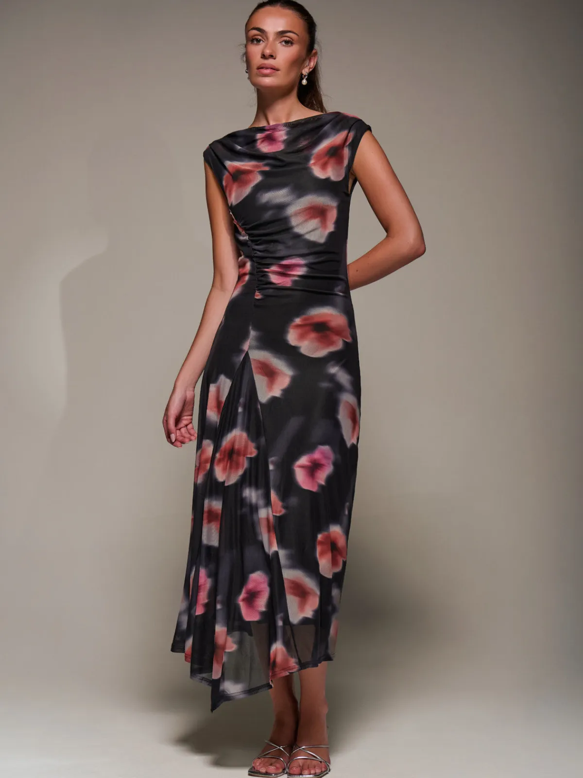 Jolie Moi Occasion Dresses|Floral Dresses-Slash Neck Ruched Mesh Maxi Dress, Black Floral