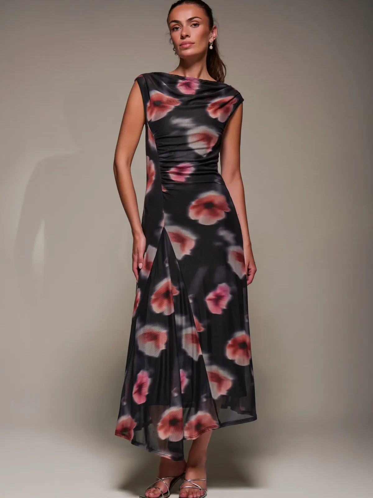 Jolie Moi Occasion Dresses|Floral Dresses-Slash Neck Ruched Mesh Maxi Dress, Black Floral