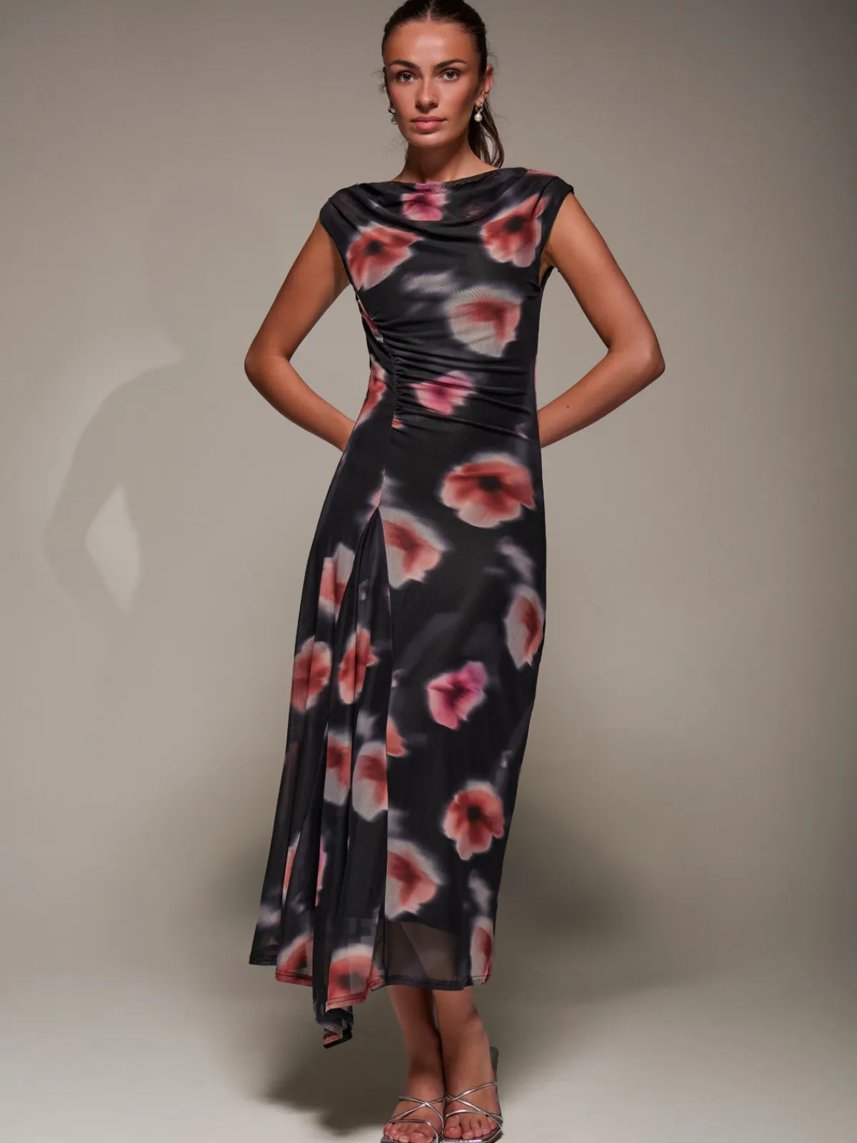 Jolie Moi Occasion Dresses|Floral Dresses-Slash Neck Ruched Mesh Maxi Dress, Black Floral
