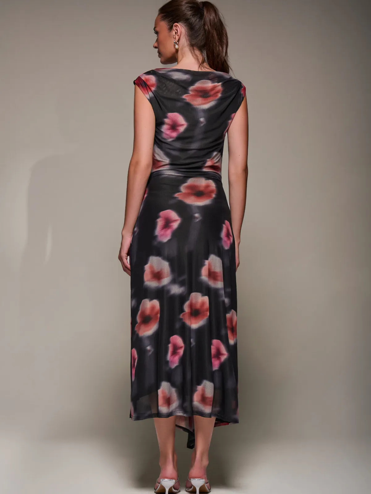 Jolie Moi Occasion Dresses|Floral Dresses-Slash Neck Ruched Mesh Maxi Dress, Black Floral