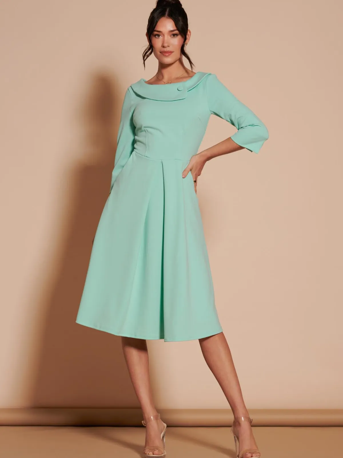 Jolie Moi Occasion Dresses|Midi Dresses-3/4 Sleeve Fold Neck Midi Dress, Light Green