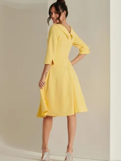 Jolie Moi Vintage Dresses-3/4 Sleeve Fold Neck Midi Dress, Light Yellow