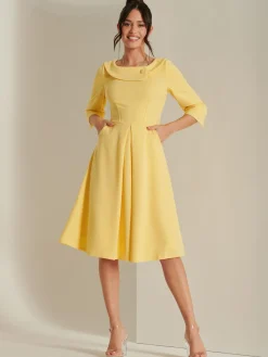 Jolie Moi Vintage Dresses-3/4 Sleeve Fold Neck Midi Dress, Light Yellow