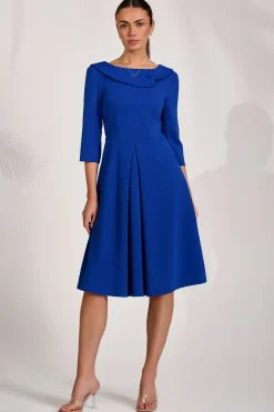 Jolie Moi Occasion Dresses|Party Dresses-¾ Sleeve Fold Neck Midi Dress, Royal Blue