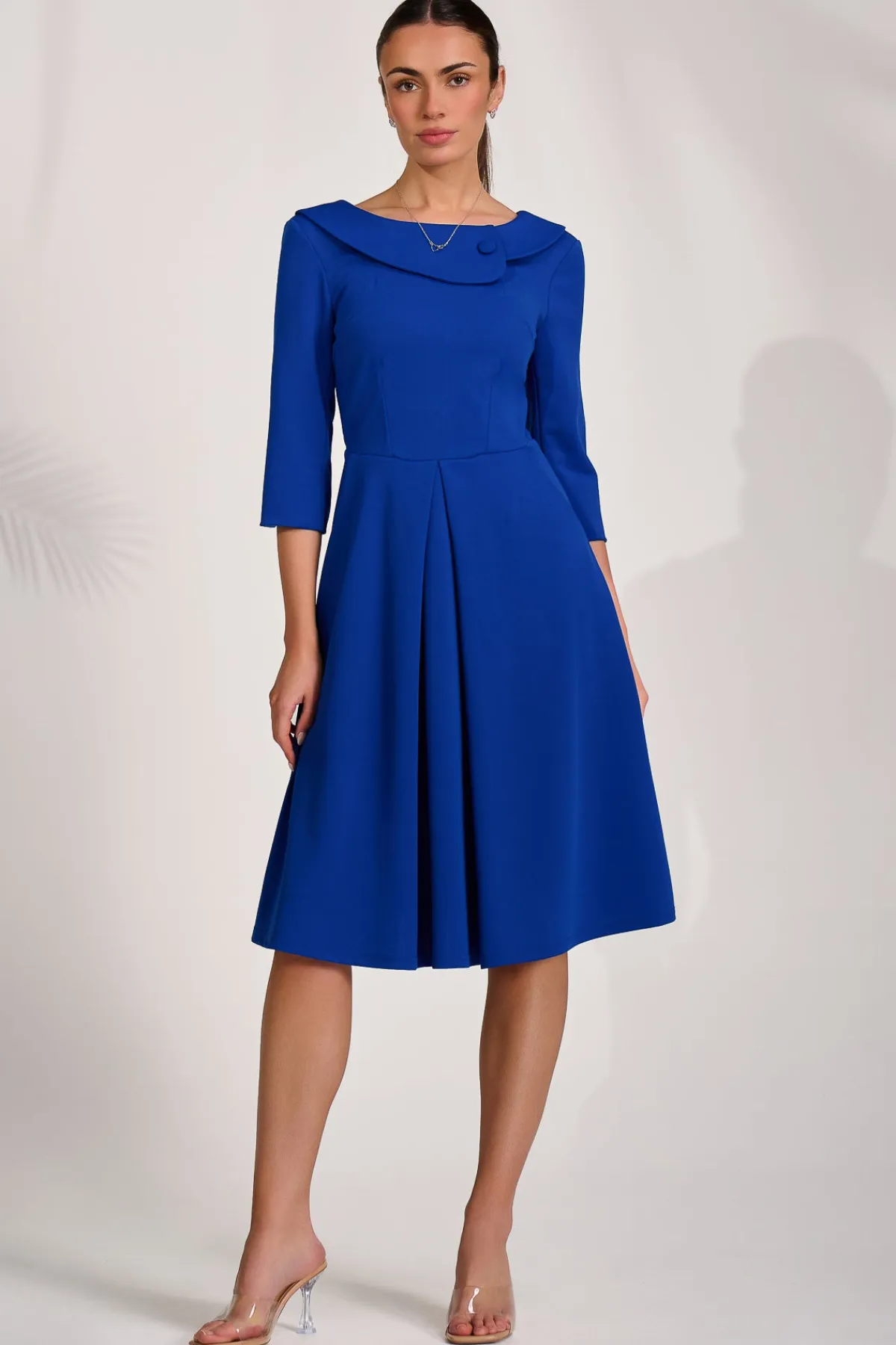 Jolie Moi Occasion Dresses|Party Dresses-¾ Sleeve Fold Neck Midi Dress, Royal Blue