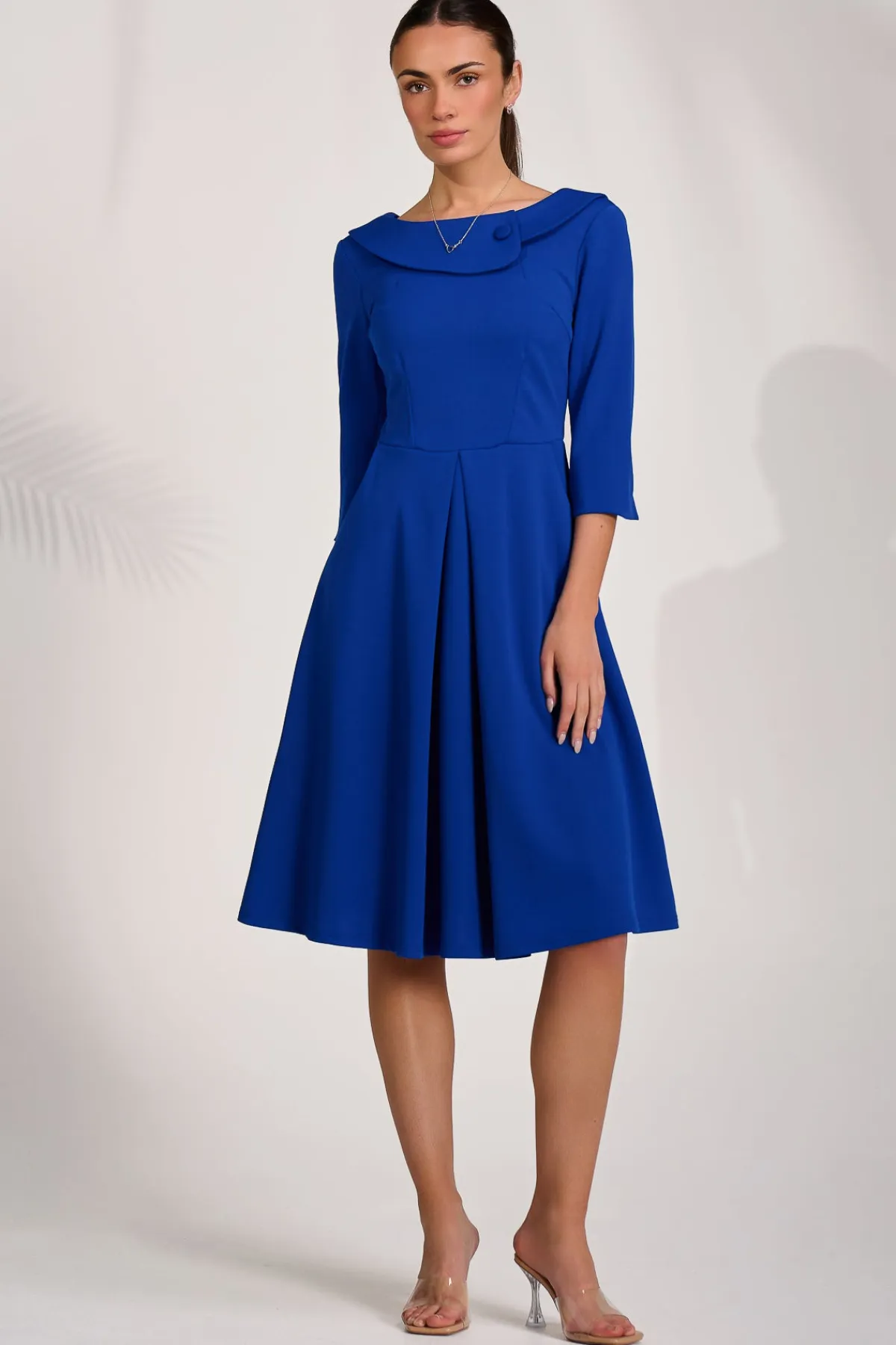 Jolie Moi Occasion Dresses|Party Dresses-¾ Sleeve Fold Neck Midi Dress, Royal Blue