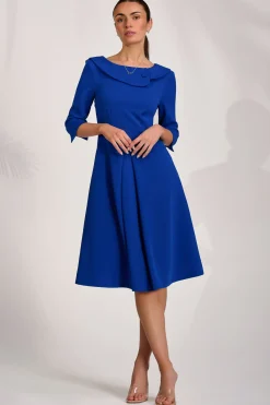 Jolie Moi Occasion Dresses|Party Dresses-¾ Sleeve Fold Neck Midi Dress, Royal Blue