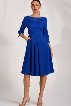Jolie Moi Occasion Dresses|Party Dresses-¾ Sleeve Fold Neck Midi Dress, Royal Blue