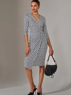 Jolie Moi Office Wear|Midi Dresses-3/4 Sleeve Geo Shift Midi Dress, White Geo