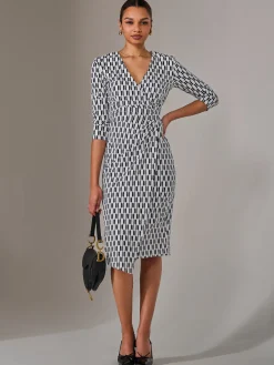 Jolie Moi Office Wear|Midi Dresses-3/4 Sleeve Geo Shift Midi Dress, White Geo