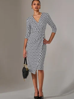 Jolie Moi Office Wear|Midi Dresses-3/4 Sleeve Geo Shift Midi Dress, White Geo