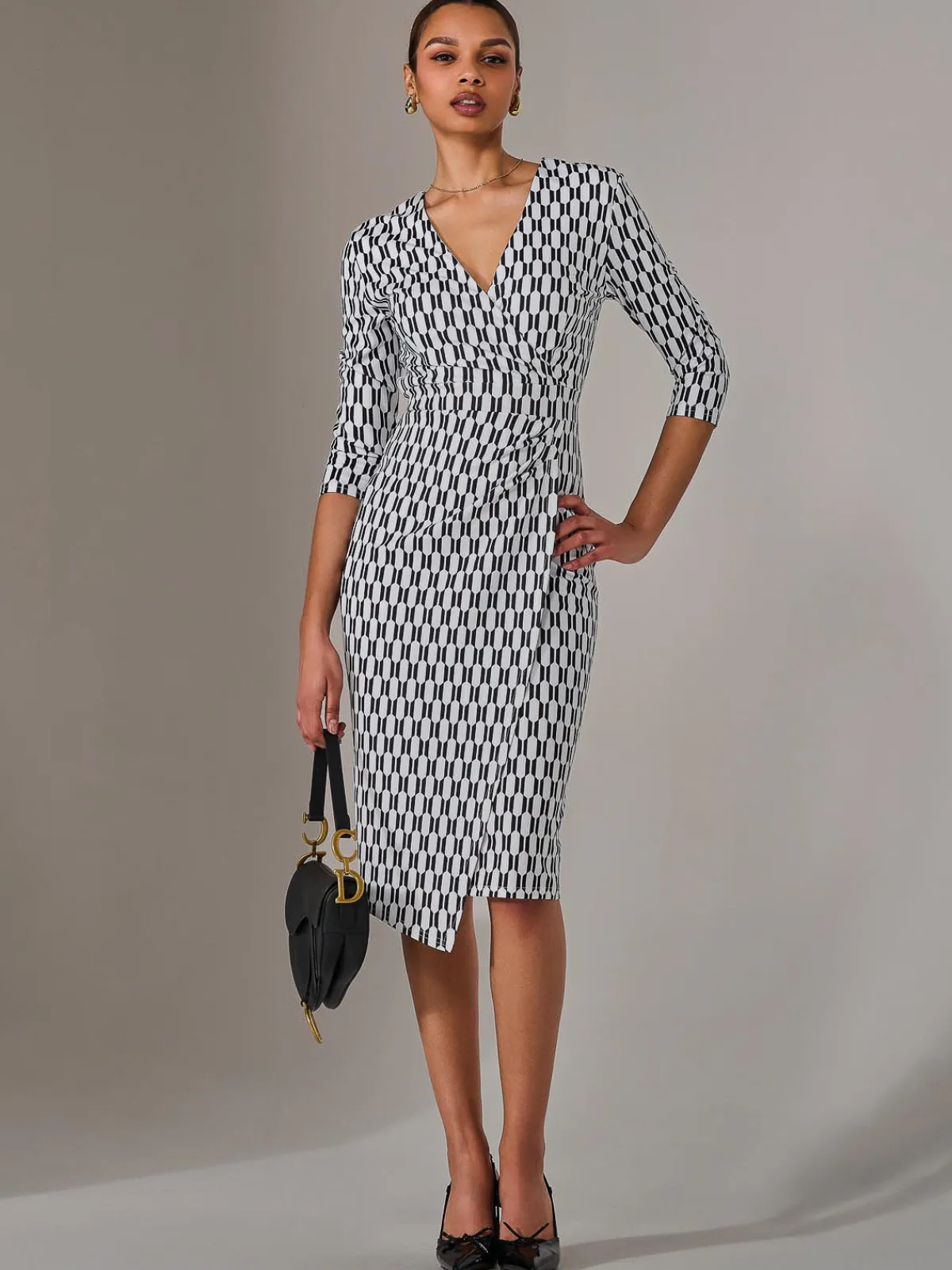 Jolie Moi Office Wear|Midi Dresses-3/4 Sleeve Geo Shift Midi Dress, White Geo