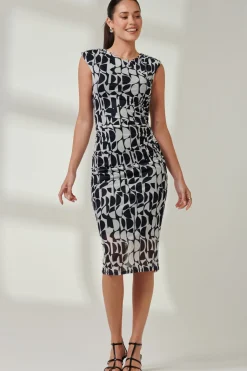 Jolie Moi Occasion Dresses|Sleeveless Dresses-Sleeveless Bodycon Midi Dress, Navy Geo