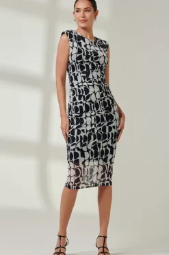 Jolie Moi Occasion Dresses|Sleeveless Dresses-Sleeveless Bodycon Midi Dress, Navy Geo