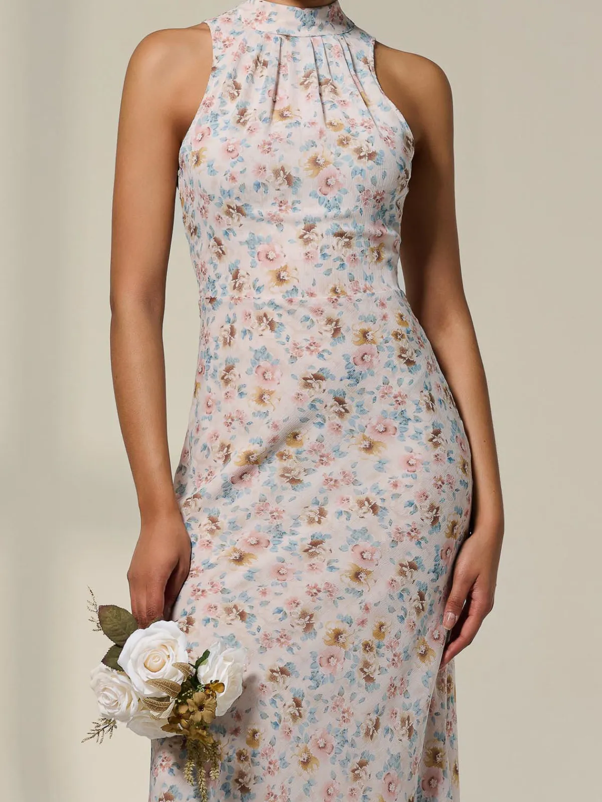 Jolie Moi Occasion Dresses|Floral Dresses-Sleeveless Chiffon Halterneck Midaxi Dress, Beige Floral