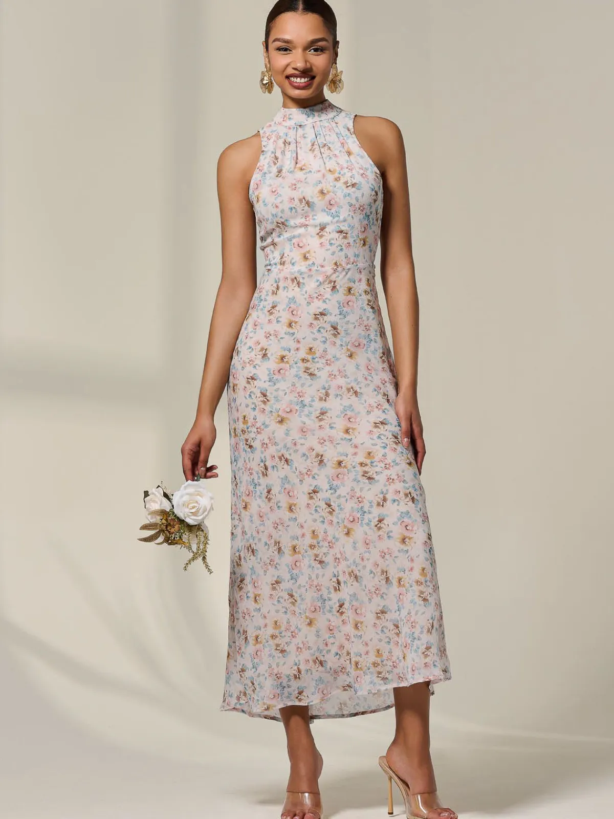 Jolie Moi Occasion Dresses|Floral Dresses-Sleeveless Chiffon Halterneck Midaxi Dress, Beige Floral