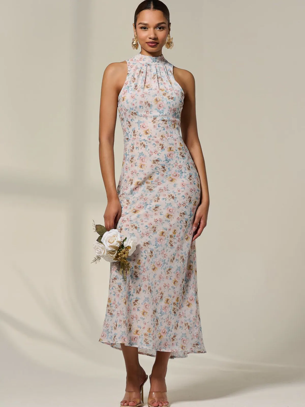Jolie Moi Occasion Dresses|Floral Dresses-Sleeveless Chiffon Halterneck Midaxi Dress, Beige Floral