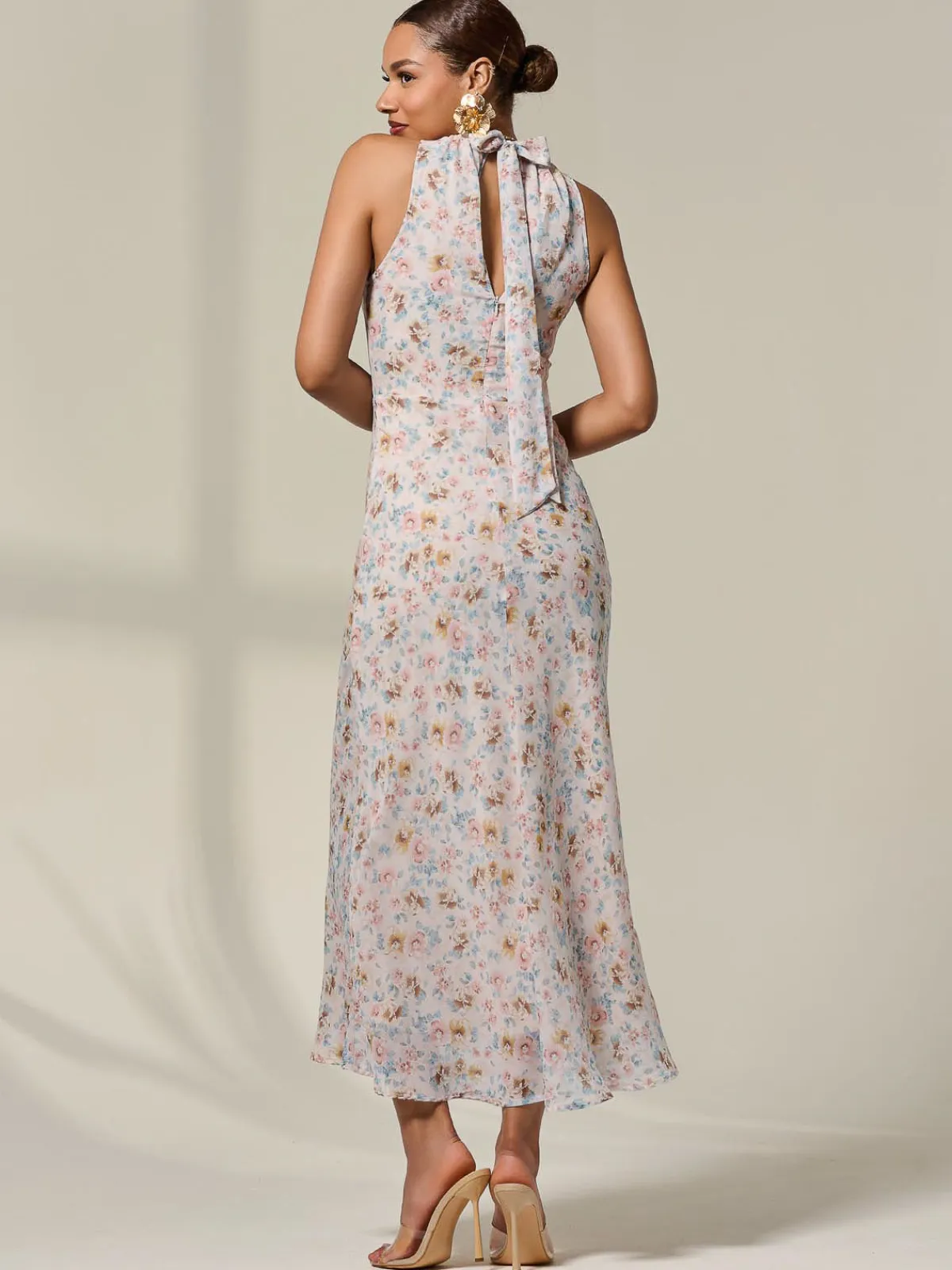 Jolie Moi Occasion Dresses|Floral Dresses-Sleeveless Chiffon Halterneck Midaxi Dress, Beige Floral