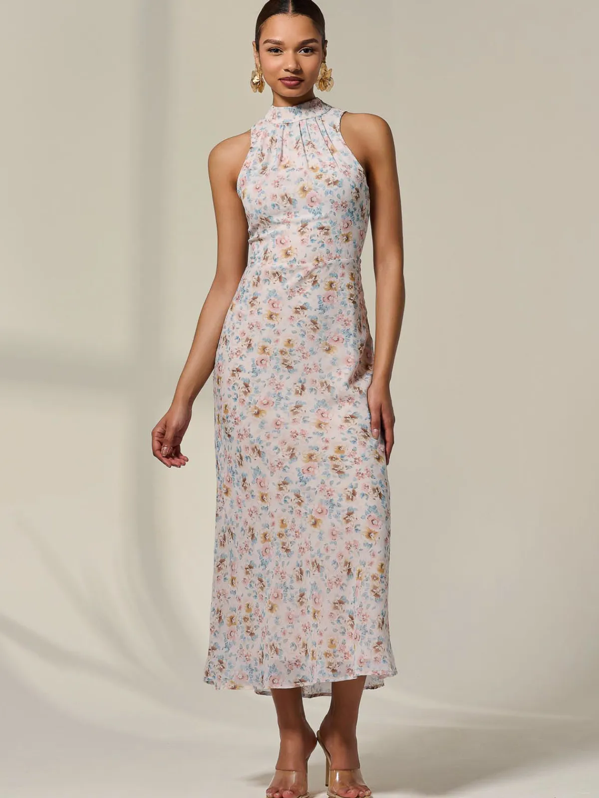 Jolie Moi Occasion Dresses|Floral Dresses-Sleeveless Chiffon Halterneck Midaxi Dress, Beige Floral