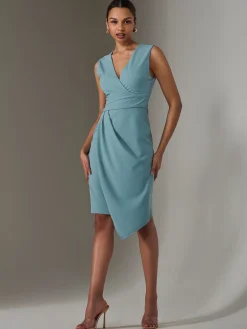 Jolie Moi Occasion Dresses|Sleeveless Dresses-Sleeveless Wrap Front Midi Dress, Duck Egg Blue