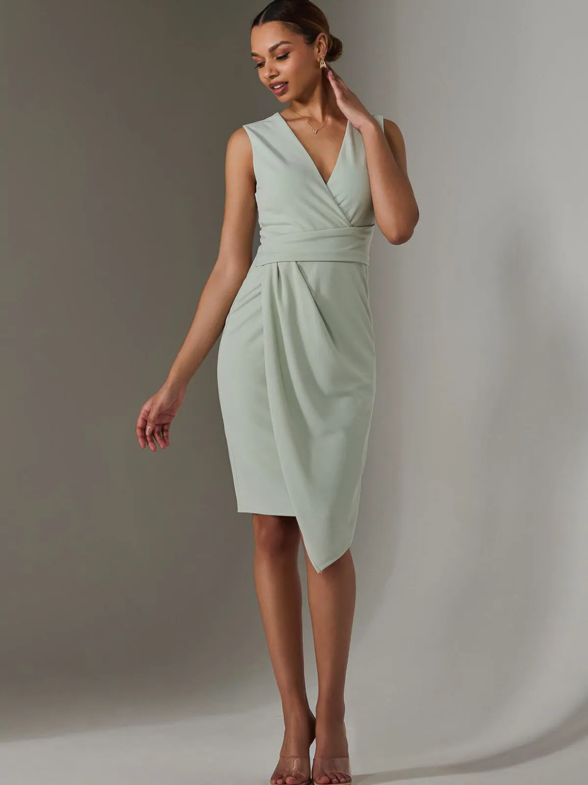 Jolie Moi Occasion Dresses|Sleeveless Dresses-Sleeveless Wrap Front Midi Dress, Light Green
