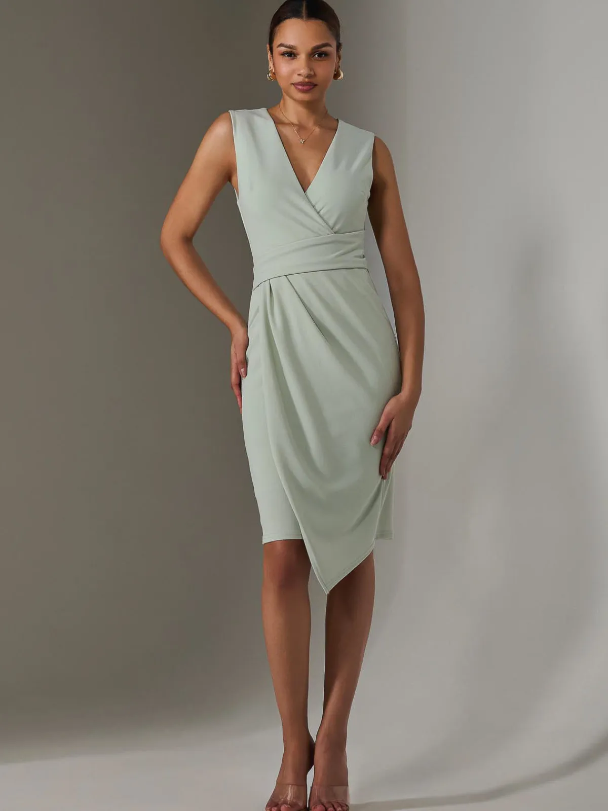 Jolie Moi Occasion Dresses|Sleeveless Dresses-Sleeveless Wrap Front Midi Dress, Light Green