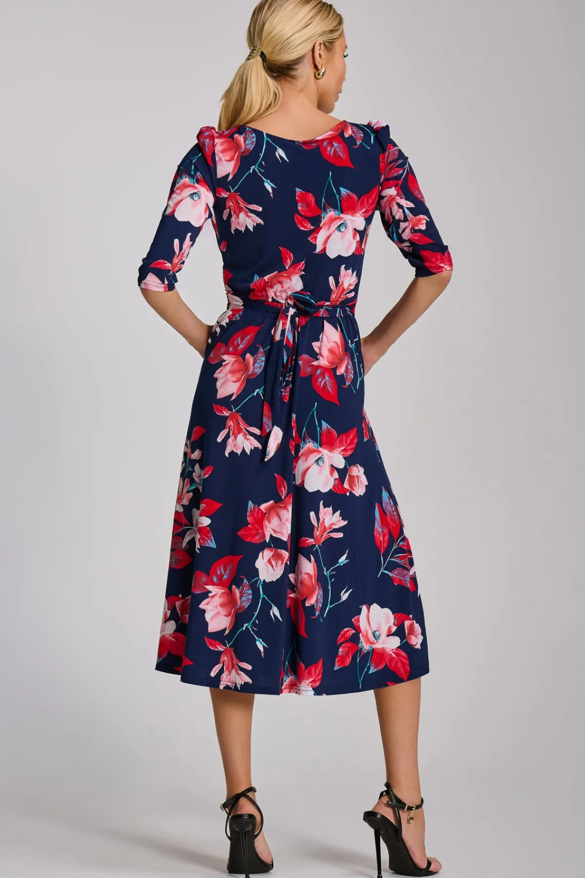 Jolie Moi Occasion Dresses|Floral Dresses-Sleeve Printed Jersey Midi Dress, Navy Floral