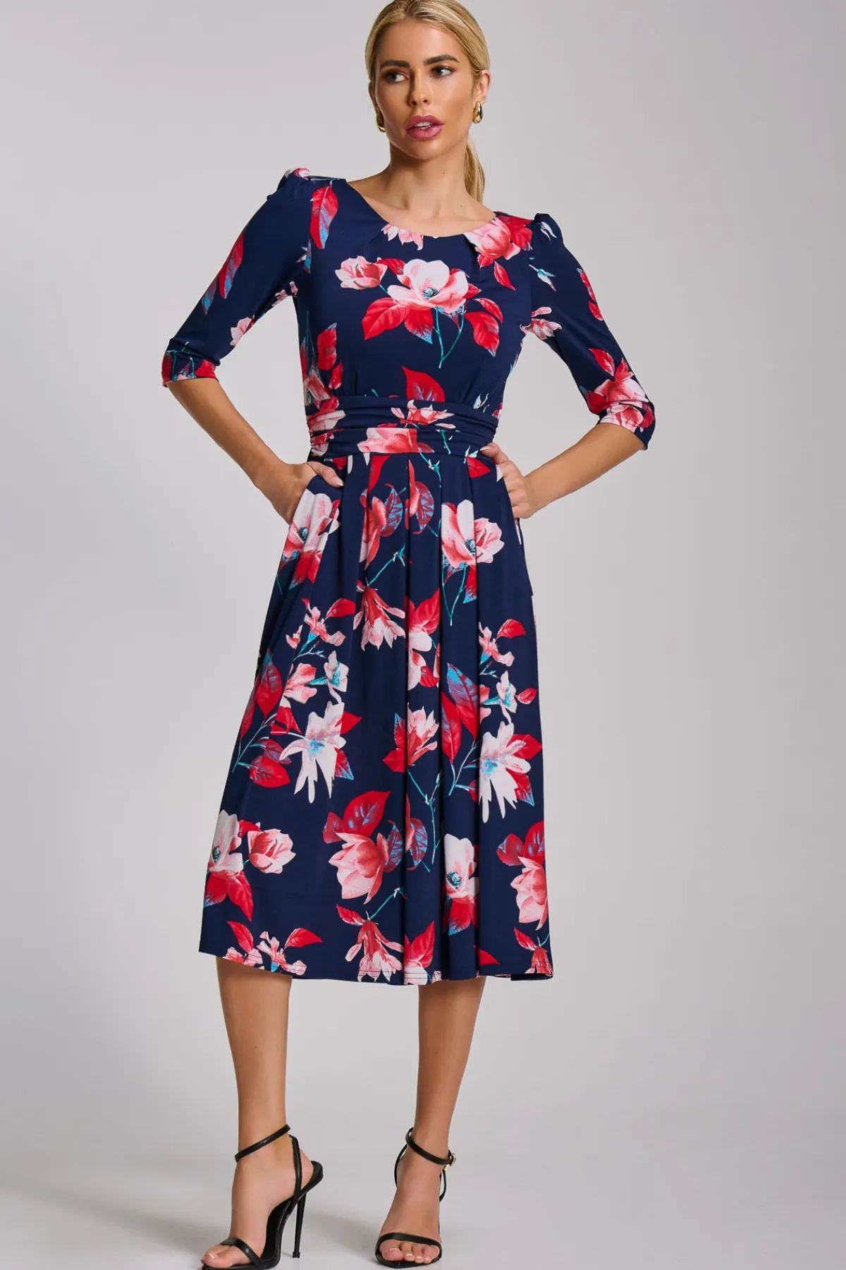 Jolie Moi Occasion Dresses|Floral Dresses-Sleeve Printed Jersey Midi Dress, Navy Floral
