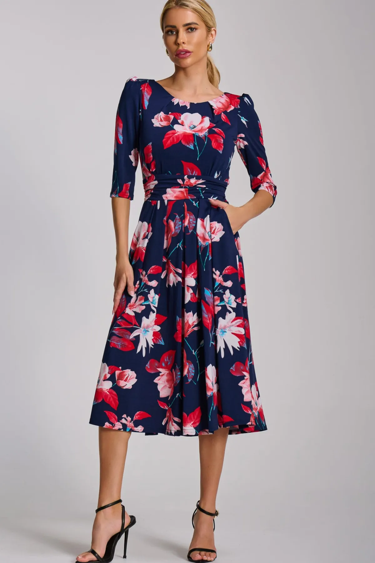 Jolie Moi Occasion Dresses|Floral Dresses-Sleeve Printed Jersey Midi Dress, Navy Floral