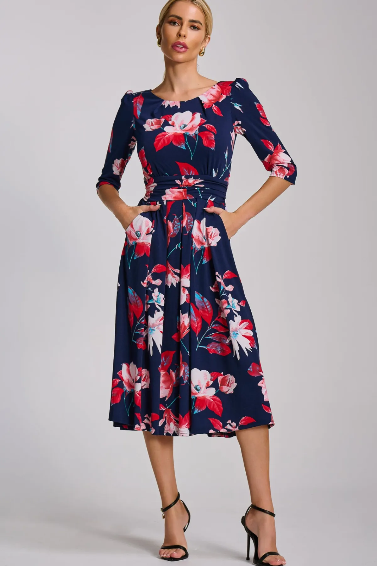 Jolie Moi Occasion Dresses|Floral Dresses-Sleeve Printed Jersey Midi Dress, Navy Floral