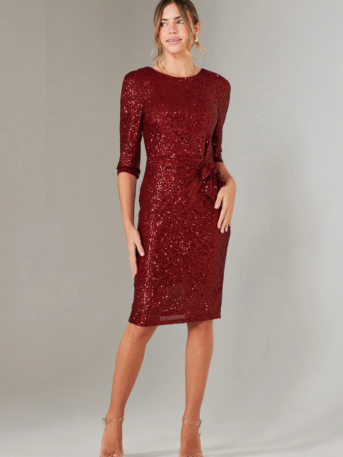 Jolie Moi Occasion Dresses|Party Dresses-3/4 Sleeve Sequin Stretch Shift Dress, Dark Red