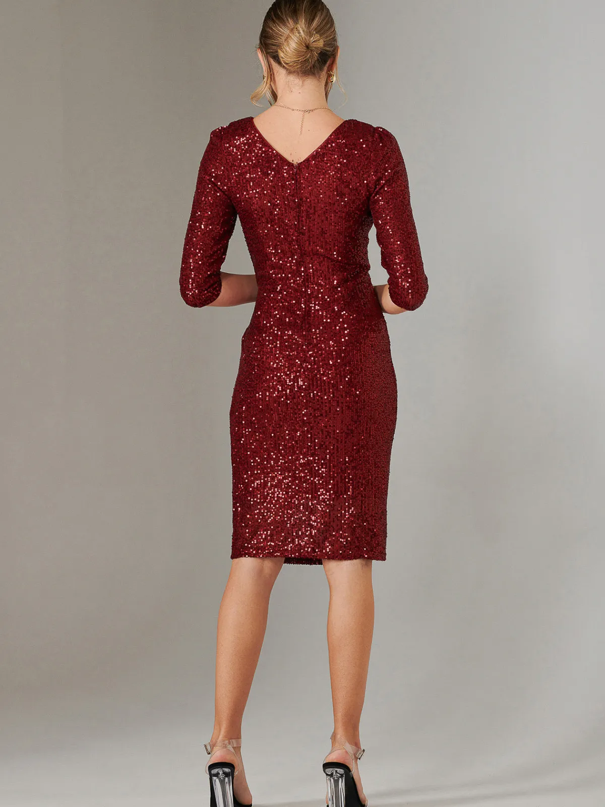 Jolie Moi Occasion Dresses|Party Dresses-3/4 Sleeve Sequin Stretch Shift Dress, Dark Red